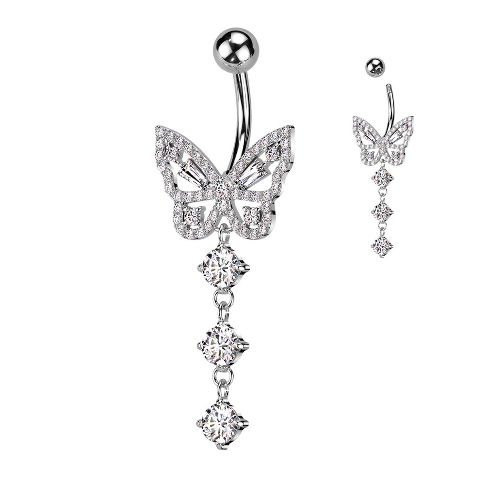 NEW Butterfly Cut-Out Triple Crystal Navel Dangle Belly Ring